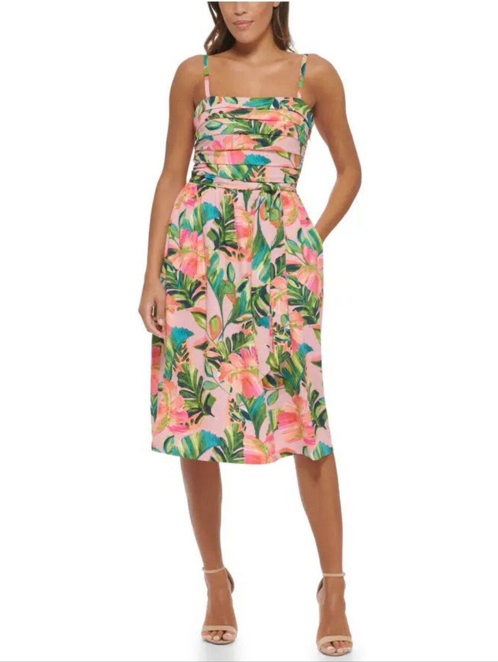 Kensie Pink Tropical Midi Dress with Green Leaf Print